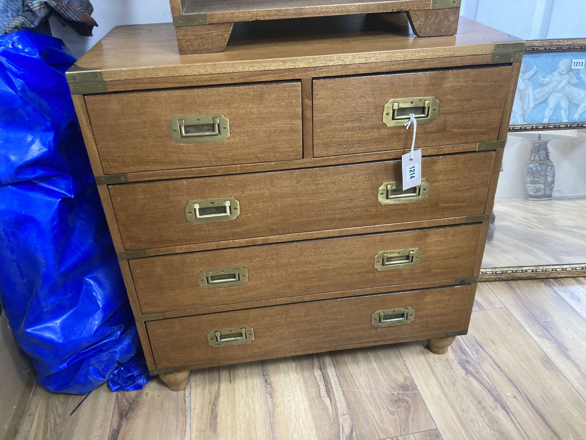 Two reproduction military-style chests, larger width 68cm, depth 38cm, height 69cm together with an oak wall bracket